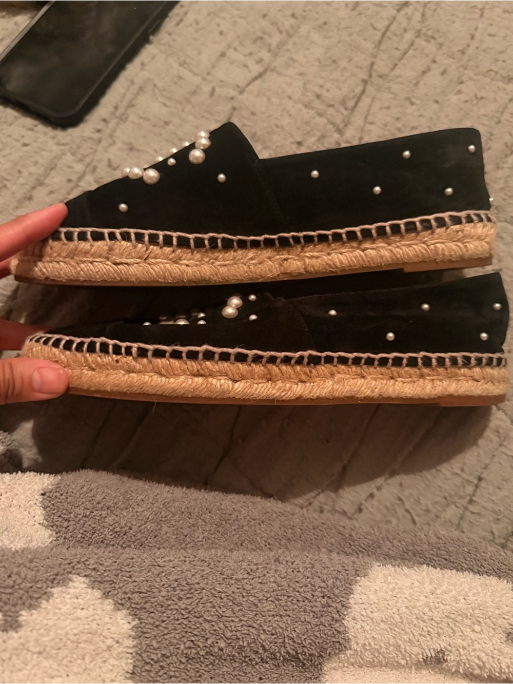 Chanel Suede Black Pearl-Embellished Women's Espadrilles - Picture 3 of 13